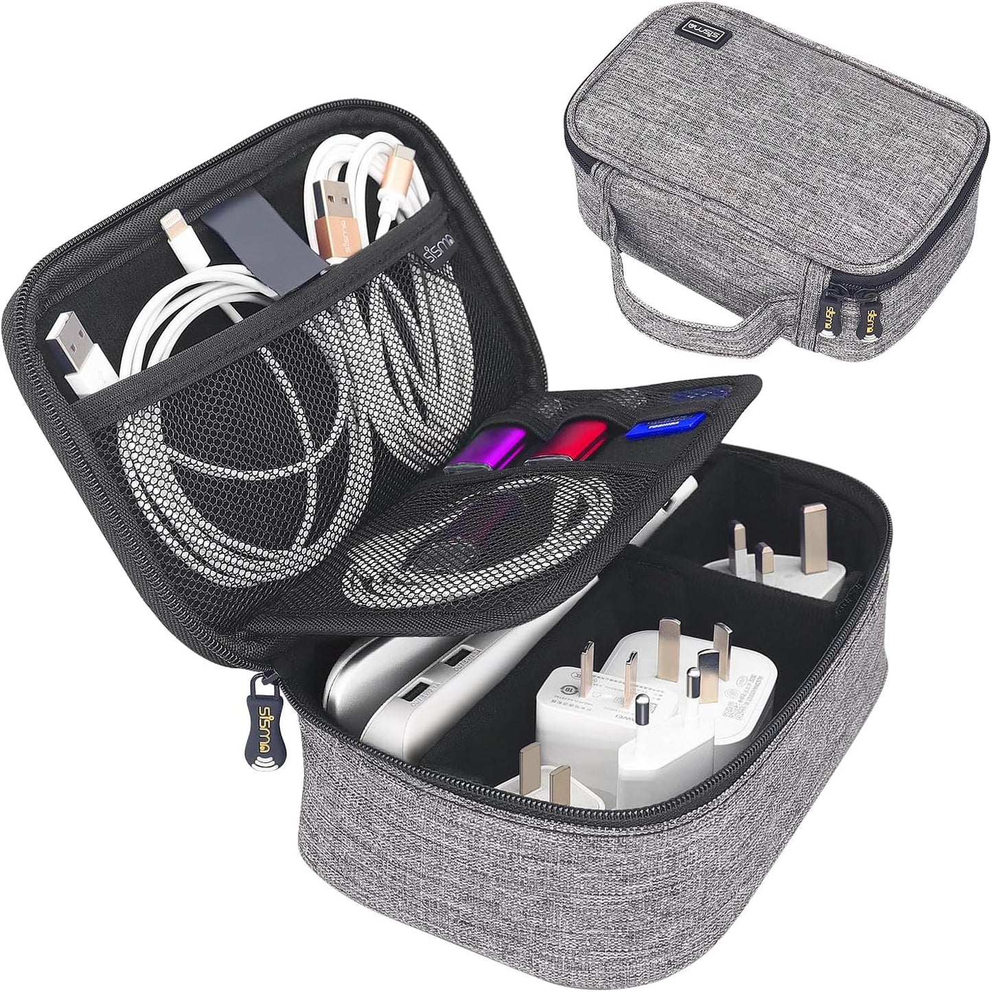 sisma Travel Electronics Organizer Small Carrying Case for Cables Phone Chargers USB Plugs Power Cords Earbuds Adapter Tech Accessories Pouch -Grey