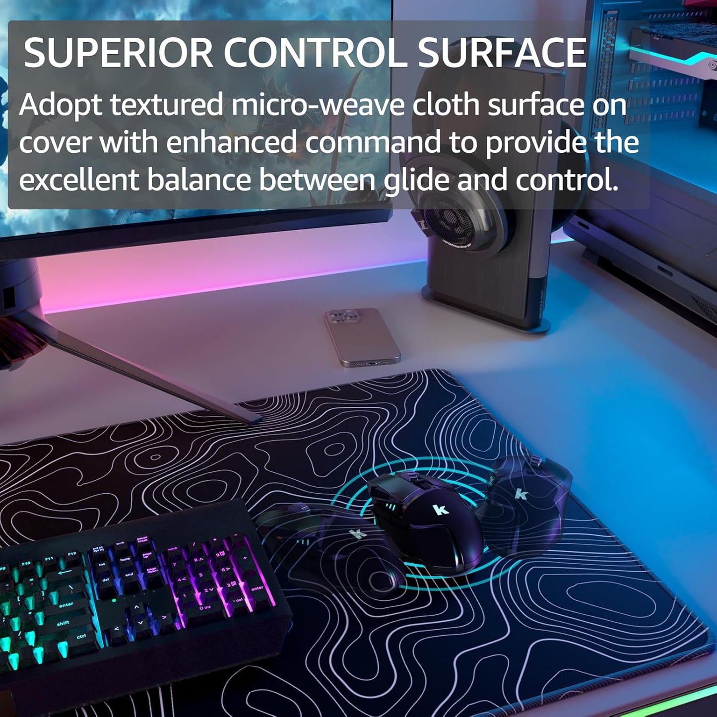 KTRIO Large Gaming Mouse Pad Desk Mat, Superior Micro-Weave Cloth for Precise Mouse Control, Non-Slip Rubber Base, Stitched Edges, Water-Resistant, for Gamer, Office & Home, 31.5" x 11.8" inches