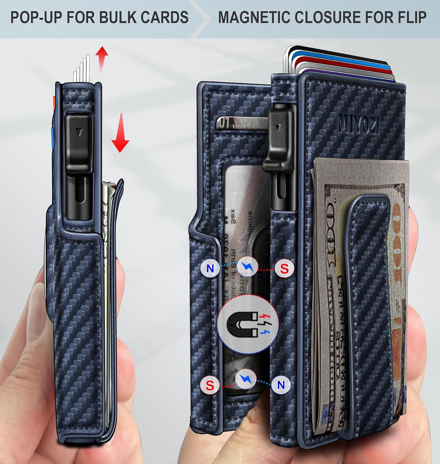 miyozi Airtag Wallet for Men,with Money Clip 10 Cards Metal Case Smart Slim Pop Up Credit Card Holder Flip with Magnetic Closure RFID Blocking wallet with Gift Box
