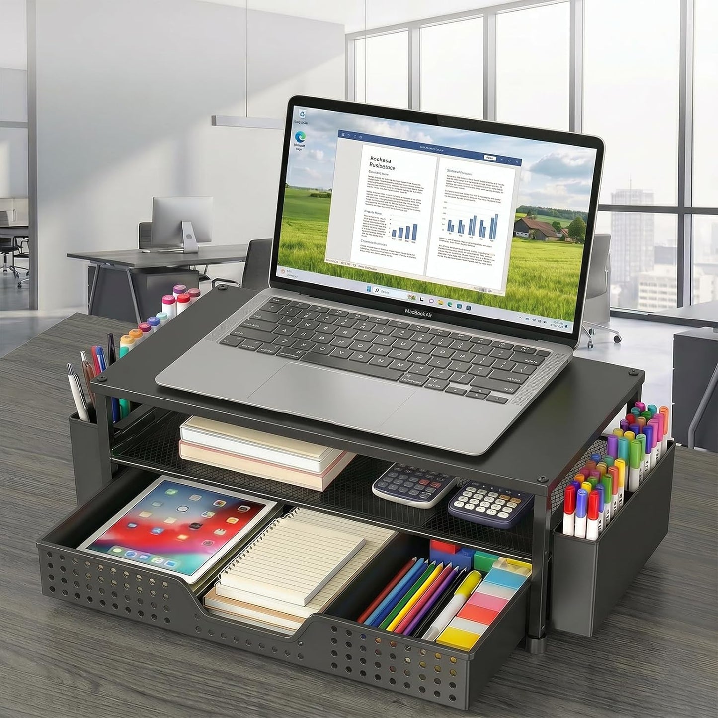 ECOLOVI Desk Organizer and Accessories, 2-Tier Computer Monitor Stand Rise with Storage Drawer & 2 Pen Holders, Laptop & Printer Stand for Desktop, Workspace Organizers for Office Supplies (Brown)