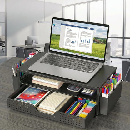ECOLOVI Desk Organizer and Accessories, 2-Tier Computer Monitor Stand Rise with Storage Drawer & 2 Pen Holders, Laptop & Printer Stand for Desktop, Workspace Organizers for Office Supplies (Brown)