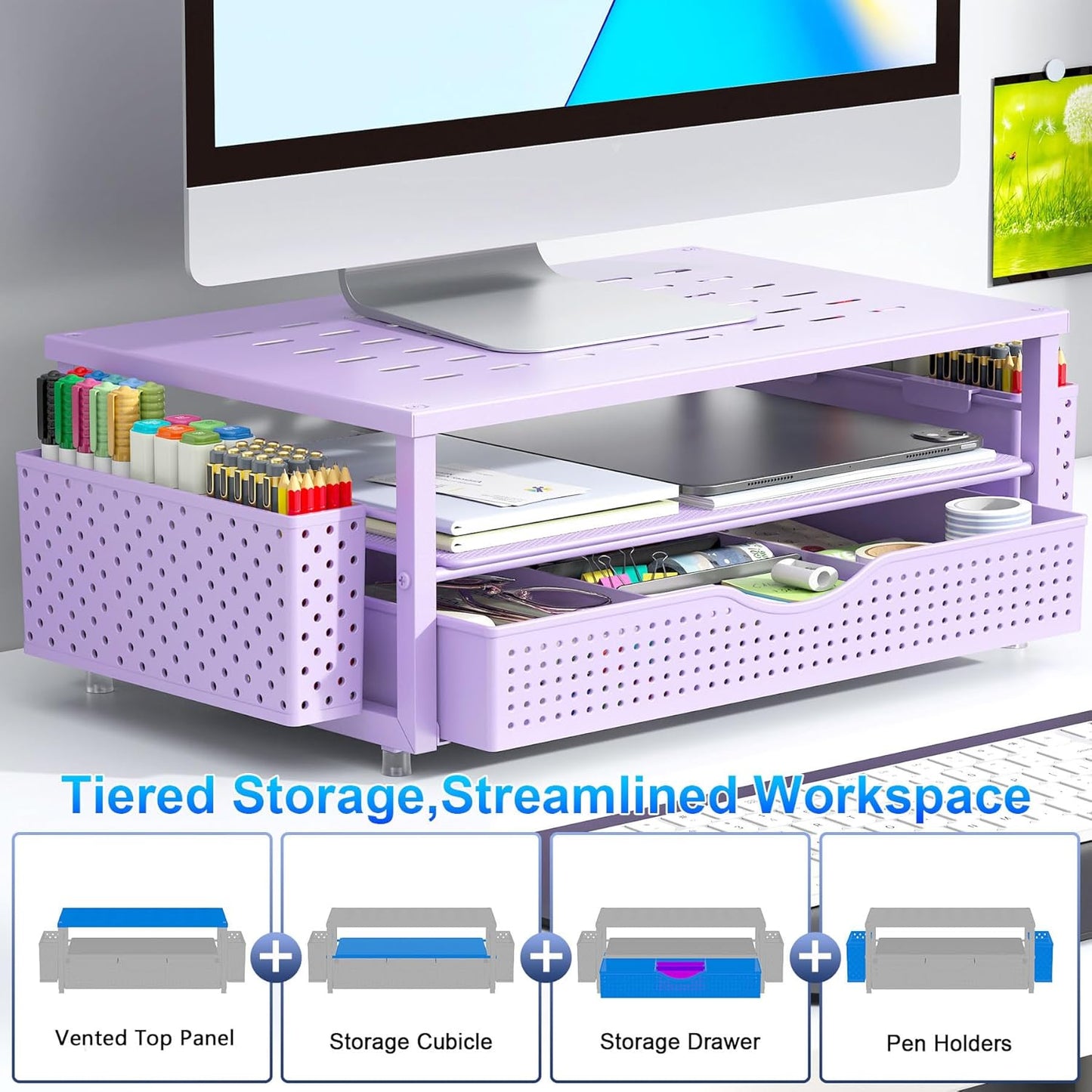 gianotter Monitor Stand Riser, Office Desk Shelf Organizer, Desk Organizer with Drawer and Pen Holder, 2-Tier Computer Stand, Office Organization (Ink)