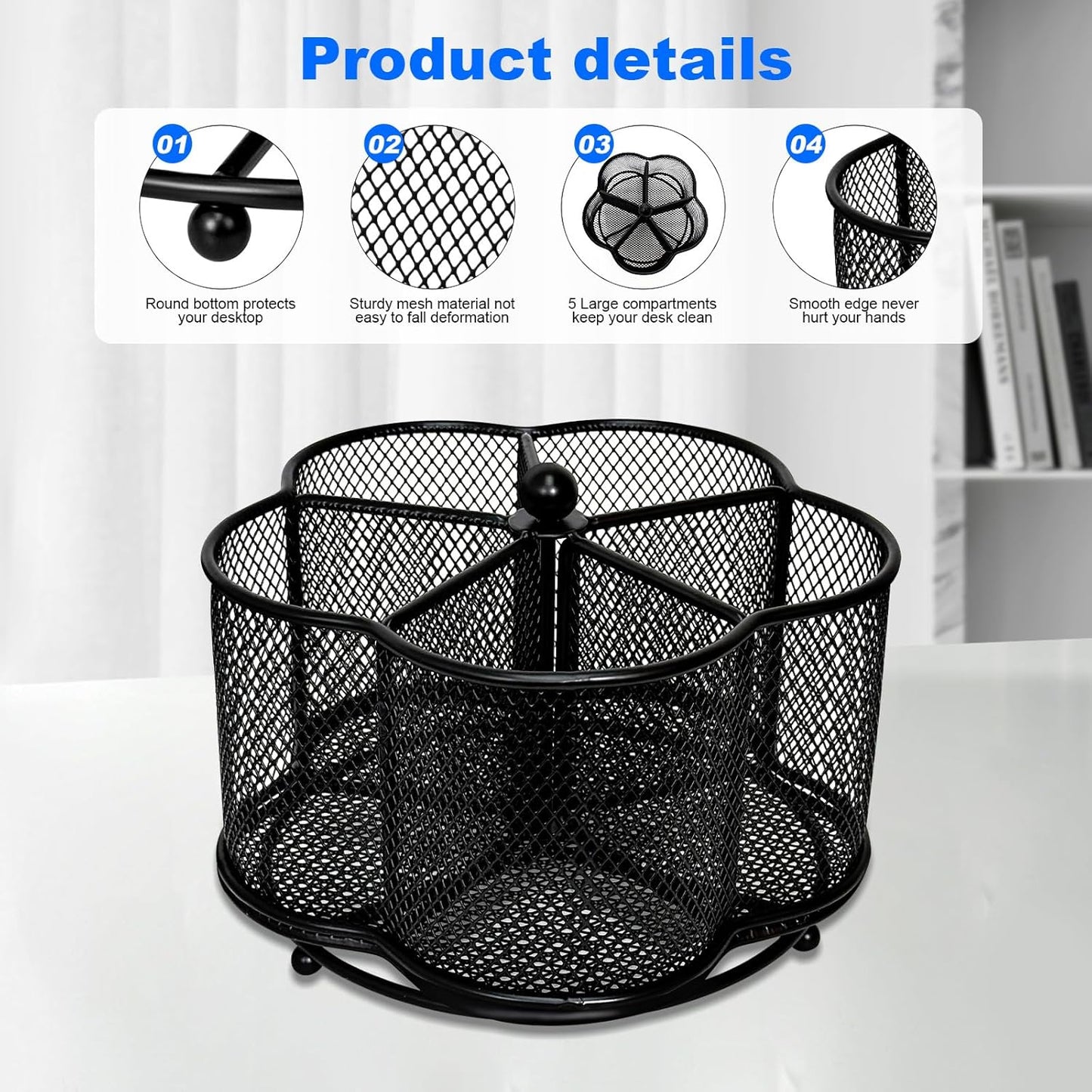 360 Degree Rotate Pen Holder for Desk Mesh Desk Pen Organizer Pencil Holder Large Capacity Accessories & Workspace Organizers for School,Home (Black, No hook)