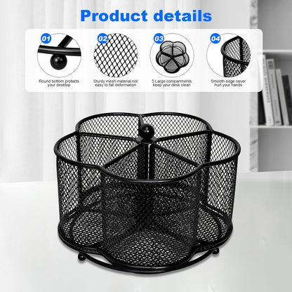 360 Degree Rotate Pen Holder for Desk Mesh Desk Pen Organizer Pencil Holder Large Capacity Accessories & Workspace Organizers for School,Home (Black, No hook)