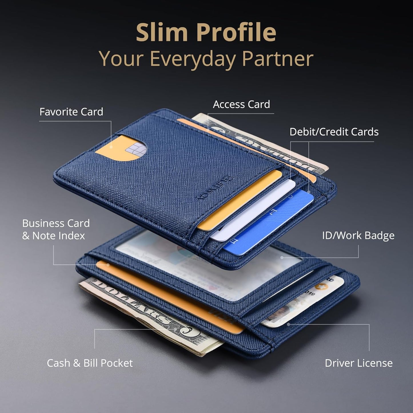 Buffway Slim Minimalist Front Pocket RFID Blocking Leather Wallets for Men and Women - Carbon Fiber Black - Colors B