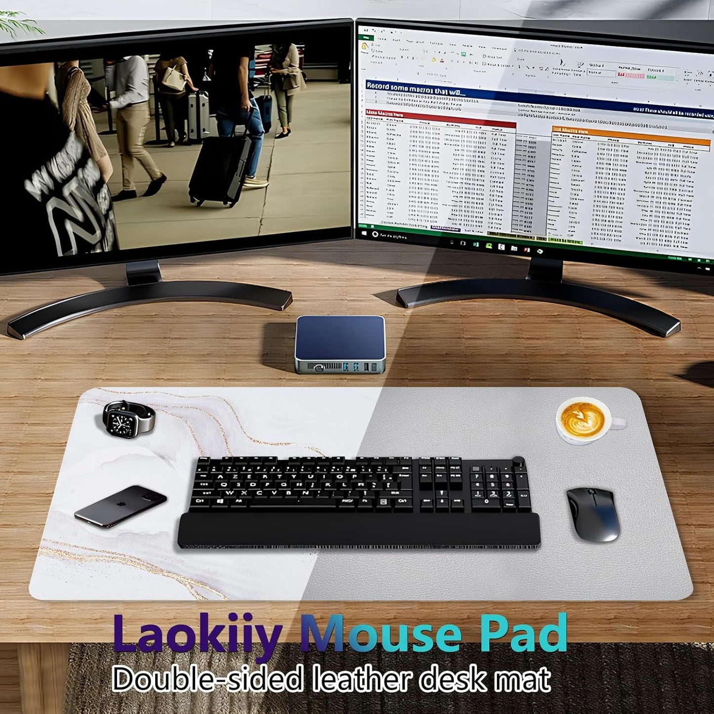 Dual-Sided Desk Pad, Large Mouse Pad - Natural Cork & PU Leather Non-Slip Waterproof Desk Mats for Office and Home (Blue, 31.5" x 15.7")