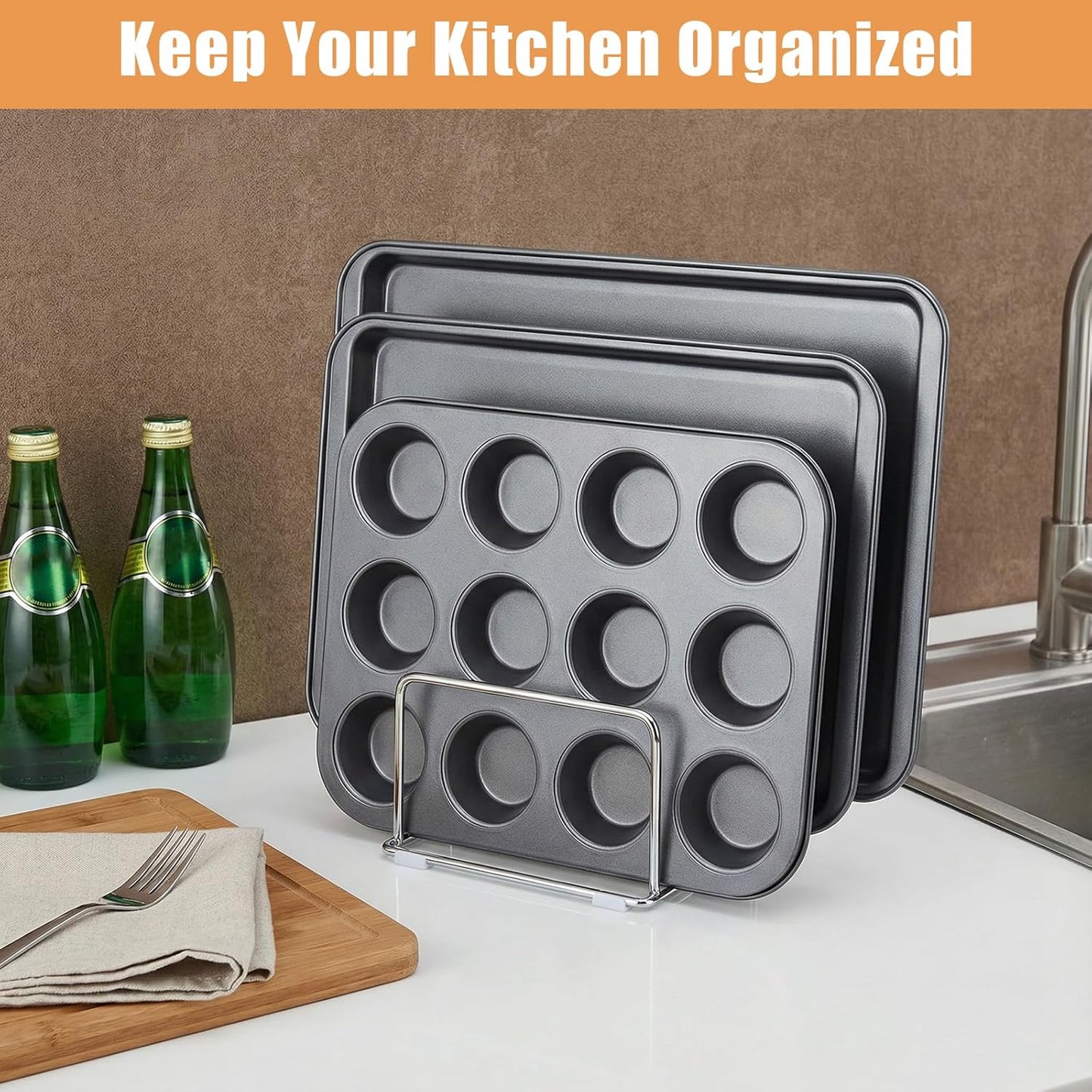2-Pack Cutting Board Holder Stand 304 Stainless Steel Cutting Board Racks Organizer 4-Tier Chopping Boards Storage Cookie Sheet Baking Sheet Baking Trays,Chopping Boards,Dish 0.9+1.0 Inch Width Slots