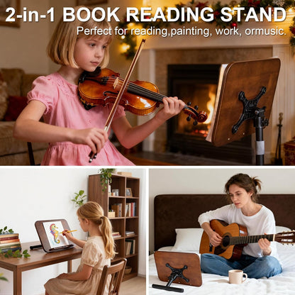 2 in 1 Dual-use Music Stand & Desktop Book Stand, Adjustable Height 16.5"-51", 100% Solid Wood Laptop Floor Stand Book Holder with Page Clips for Cookbooks, Sheet Music (Brown)