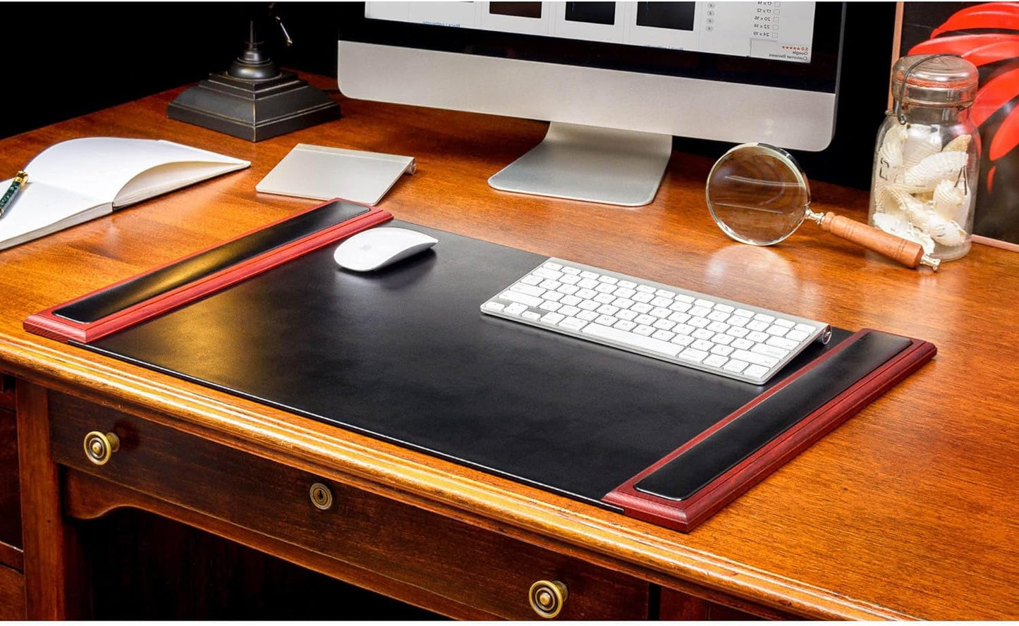 DACASSO Wood & Leather Desk Pad with Side Rails - Luxury Leather Desk Blotter for Writing - Padded Executive Desk Surface Protector - (Walnut & Black, 34” x 20”)