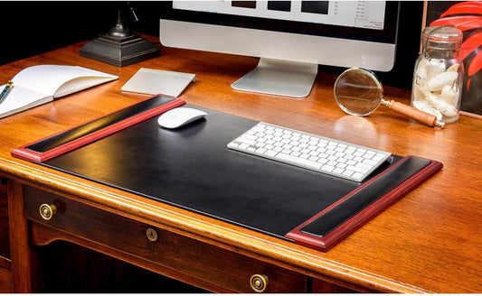 DACASSO Wood & Leather Desk Pad with Side Rails - Luxury Leather Desk Blotter for Writing - Padded Executive Desk Surface Protector - (Walnut & Black, 34” x 20”)