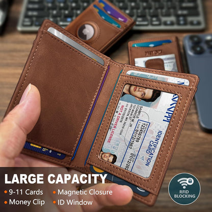 miyozi Airtag Wallet for Men- with Money Clip Gift Boxed, Magnetic Closure Slim Genuine Leather Front Pocket Wallet, 4.1"x 2.8", RFID Blocking