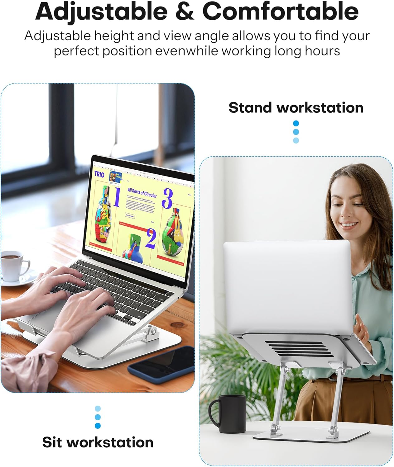 OMOTON Laptop Stand for Desk, Ergonomic Metal Adjustable Laptop Stand, Laptop Holder Riser with Cooling Function, Computer Stand Compatible with MacBook and All Laptops (10-17.2 inch), Silver