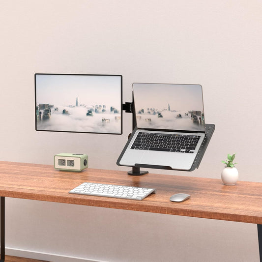 WALI Single Arm Laptop and Monitor Desk Mount for 17" Notebook and Up to 32" Screen, 2-in-1 Adjustable Monitor Arm with Laptop Tray, VESA 75x75 100x100,Holds 22-26.4 lbs, Black (GSMP001NLP)