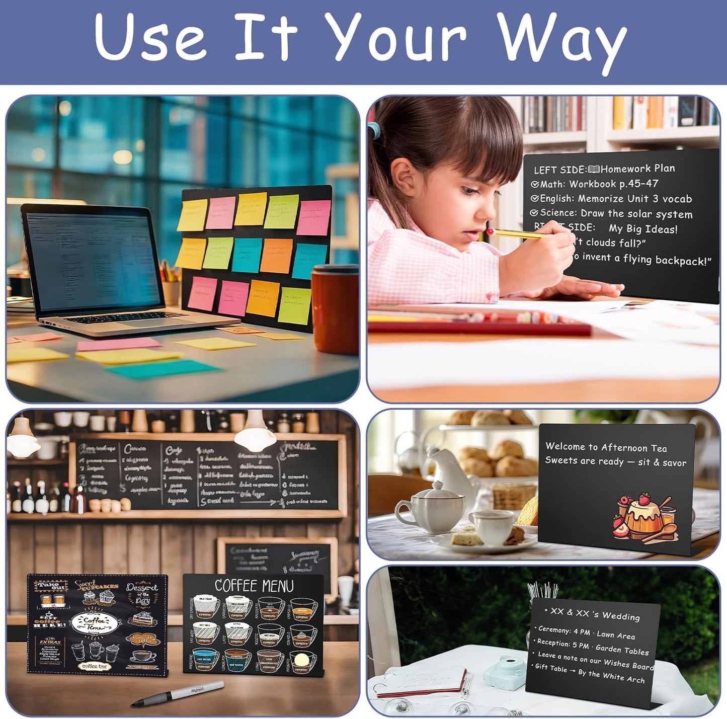 Geyoga 2 Pack Magnetic Bulletin Board with Stand, 16 x 12 Inch Black Magnet Display Board for Memo, Menu, Notes, Photos, for Kitchen Countertop, Office Desk, School
