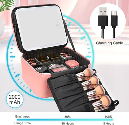 Relavel Travel Makeup Bag With LED Mirror, Cosmetic Train Case with Light up Mirror, Portable Makeup Artist Organizer Bag with Adjustable Dividers, Makeup Brush Holder Storage, Black