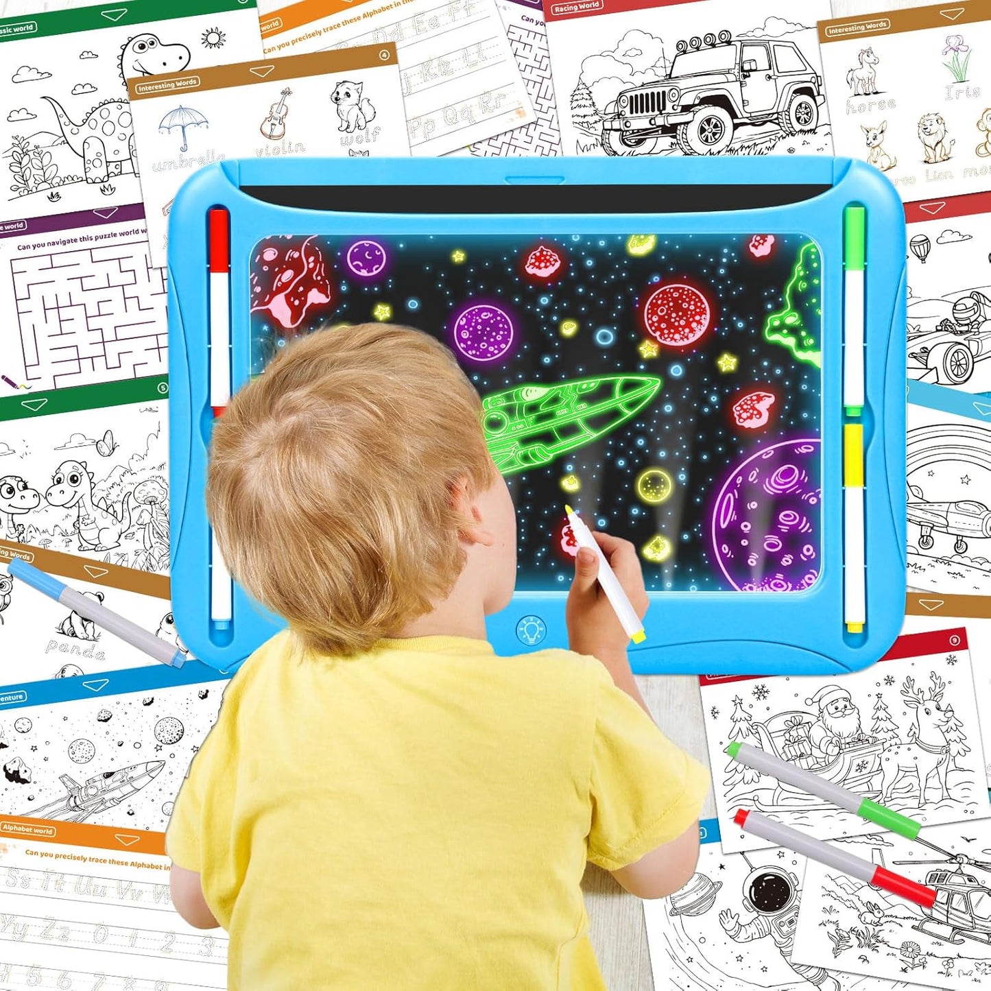 LED Drawing Board, Magic Kids Toys for Boys 4-6, Christmas Birthday Gifts, Light Up Tracing Pad, 9 Double-Sided Cards, 6 Markers, Glow in The Dark Doodle Writing Tablet, Learning Toy Arts Crafts Kits