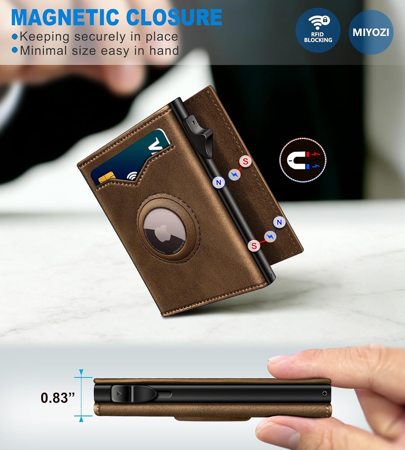 miyozi Airtag Wallet for Men,with Cash Pocket 2 ID Window 9-12 Cards,Metal Case Smart Slim Pop Up Credit Card Holder Flip with Magnetic Closure RFID Blocking Trifold wallet with Gift Box