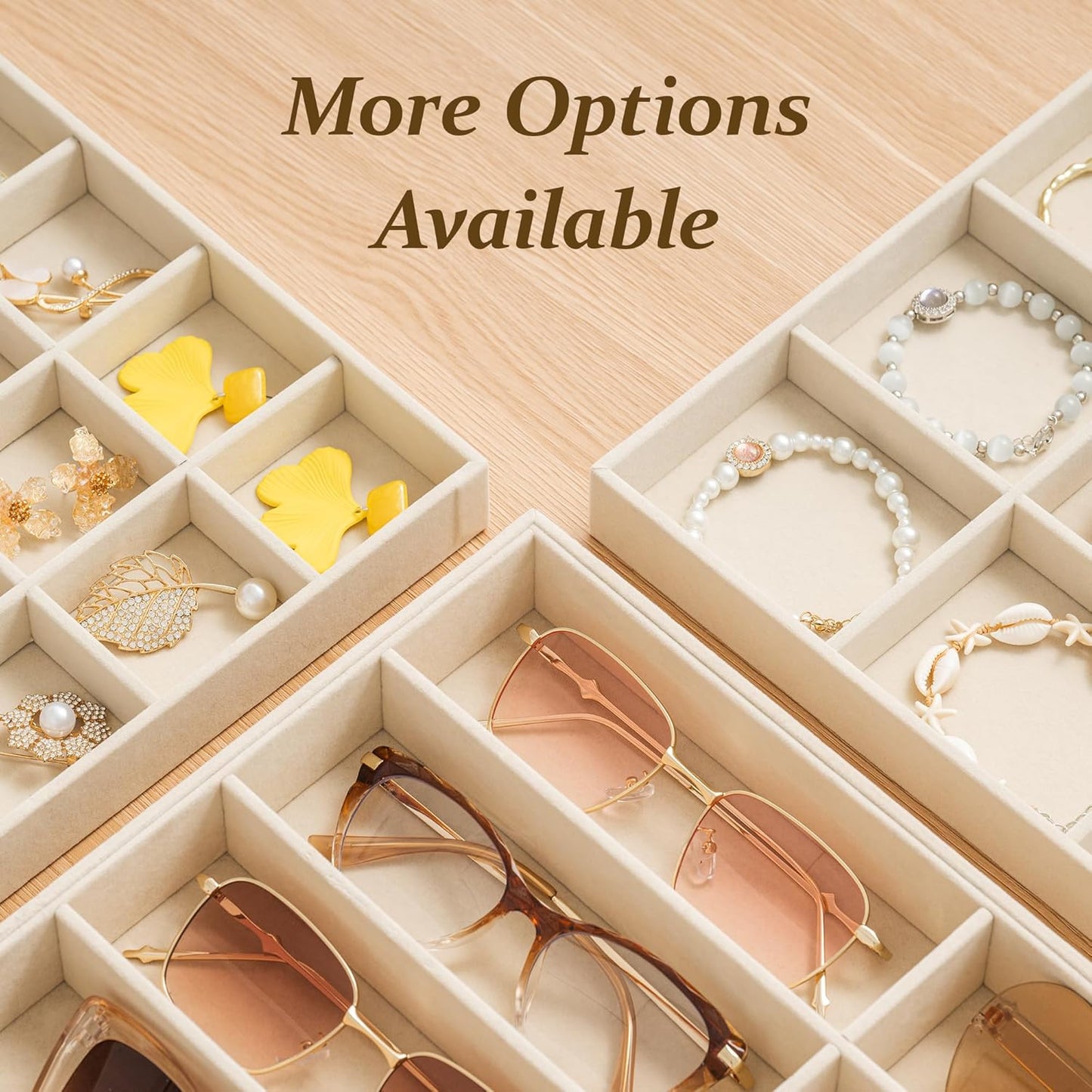 pickpiff Drawer Sunglass Organizer & Display Tray: 1 Pcs 8 Grids Velvet Scratch-Free Eyeglasses Case (13.8x9.4x1.6inch) - Soft Beige Glasses Storage Holder Box for Men & Women