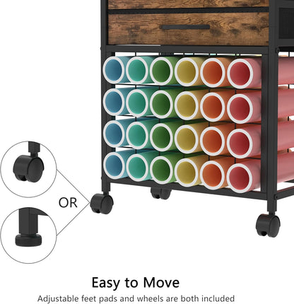 VENNQD Organizer and Storage Stand Compatible with Cricut Machines,Rolling Storage Cart/Shelf with 24 Vinyl Roll Holders，2 Fabric Drawer,Accessories Holder,Tool Hook for Craft Room Home (white)