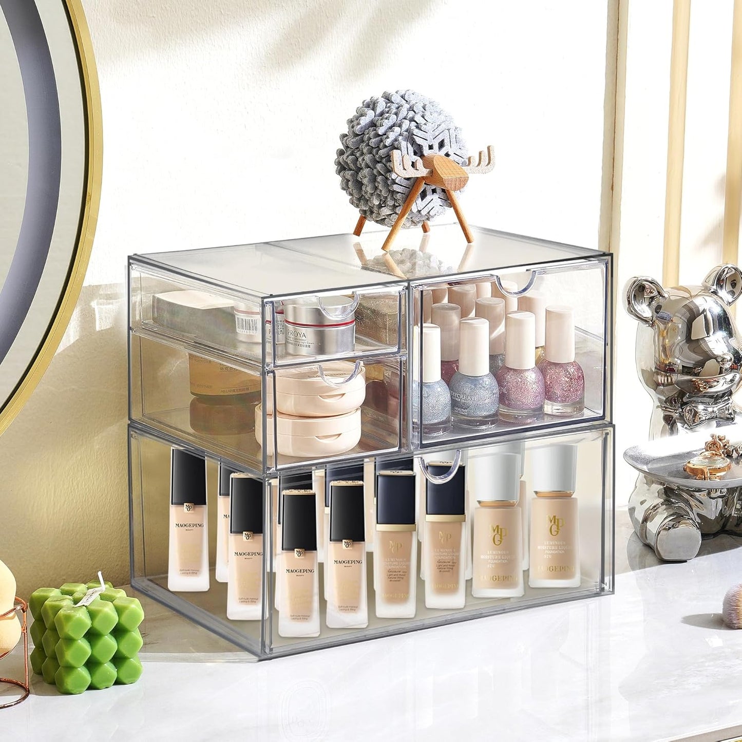 Prsildan Acrylic Drawer Makeup Organizer with 6 Drawers (Not for Baby Bottle), Set of 2 Office Desk Organizers Accessories, Clear Stackable Storage Drawers for Vanity, Craft (Largest Drawer 4" Tall)