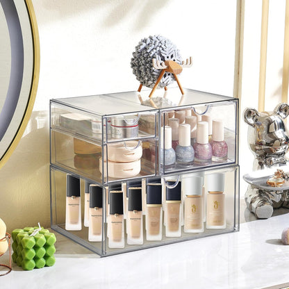 Prsildan Acrylic Drawer Makeup Organizer with 6 Drawers (Not for Baby Bottle), Set of 2 Office Desk Organizers Accessories, Clear Stackable Storage Drawers for Vanity, Craft (Largest Drawer 4" Tall)