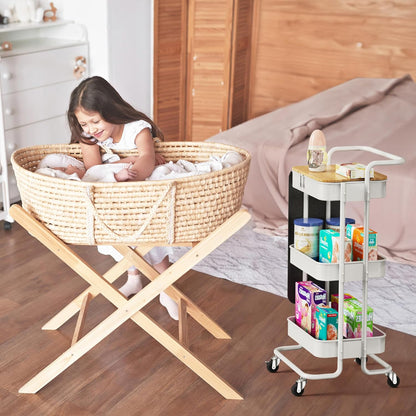 DTK 3 Tier Metal Utility Rolling Cart with Table Top and Side Bags, Tray Storage Organizer Wheels, Art Craft 4 Hooks for Kitchen Bathroom Office Living Room (Black)