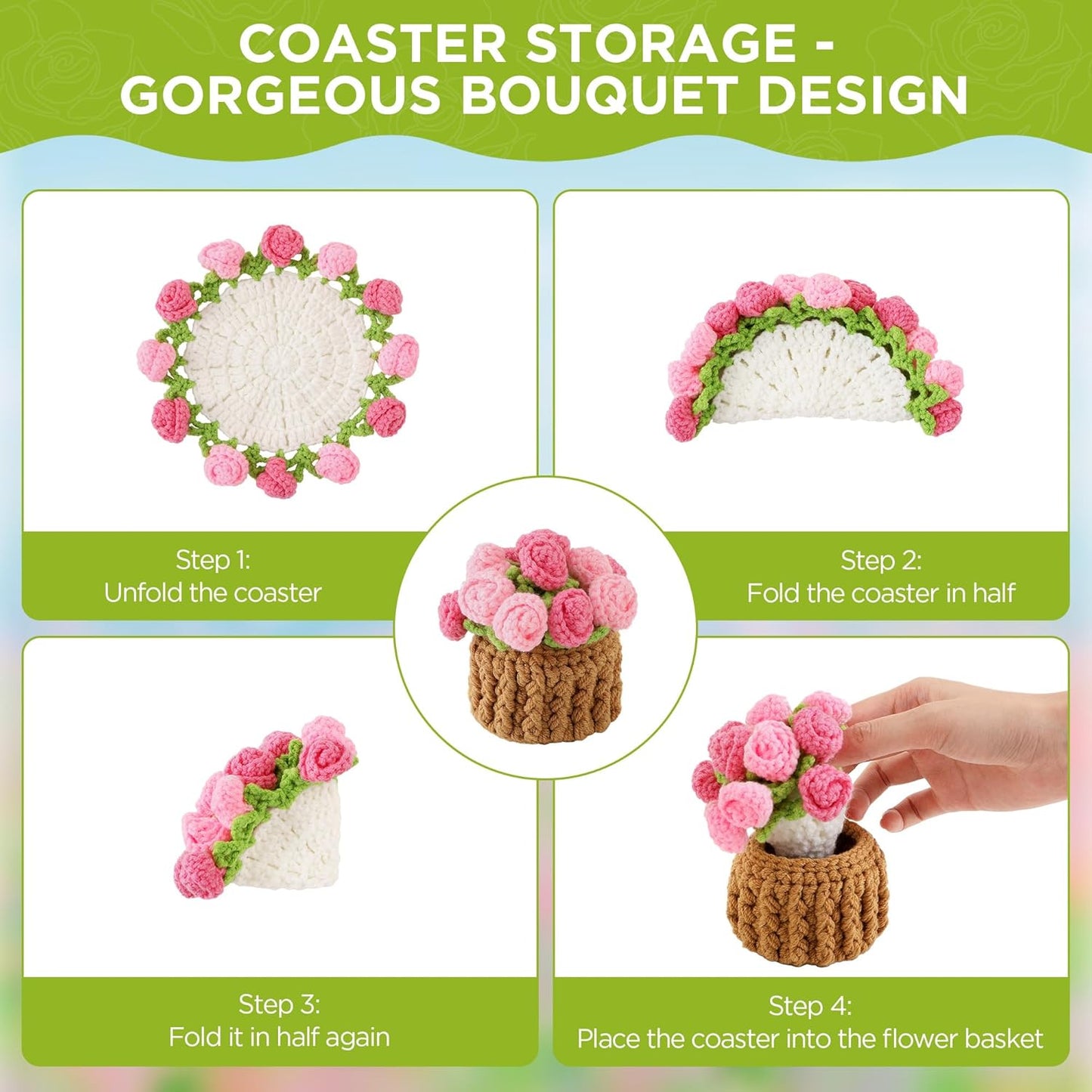 Flower Crochet Coasters, Handmade Bouquet Blanket Coaster with Crochet Plant Pot Fun Soft Decorative Drink Coasters for Coffee Tabletop Protection and Home Decor (Pink, 1Pc)