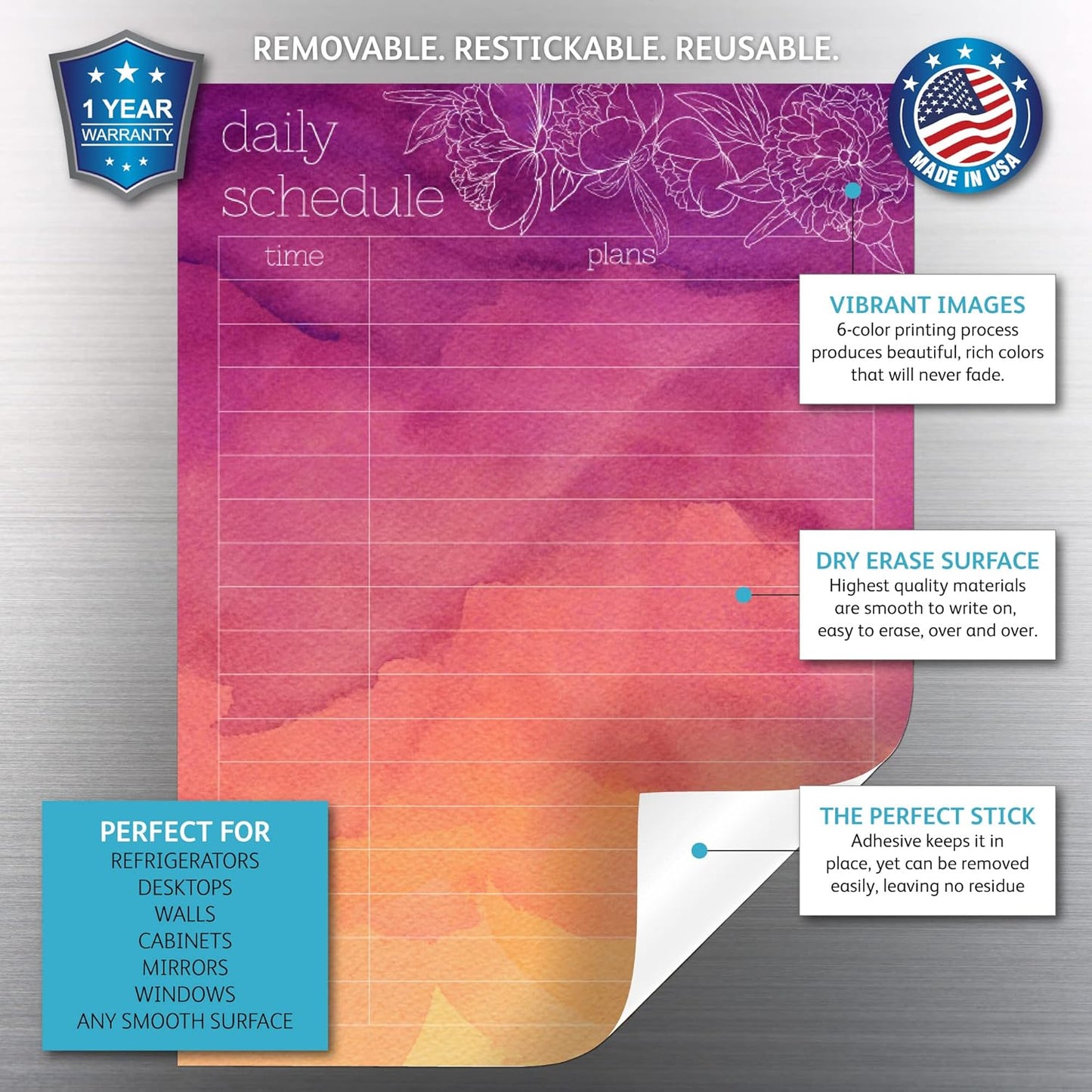 Dry Erase Daily Schedule Planner Sticker Decal by Glassboard Studio | Removable & Reusable | Magnetic Fine-Tip Marker Included (9 x 12 inches, White)