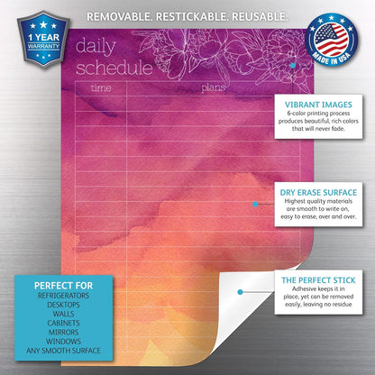Dry Erase Daily Schedule Planner Sticker Decal by Glassboard Studio | Removable & Reusable | Magnetic Fine-Tip Marker Included (9 x 12 inches, White)