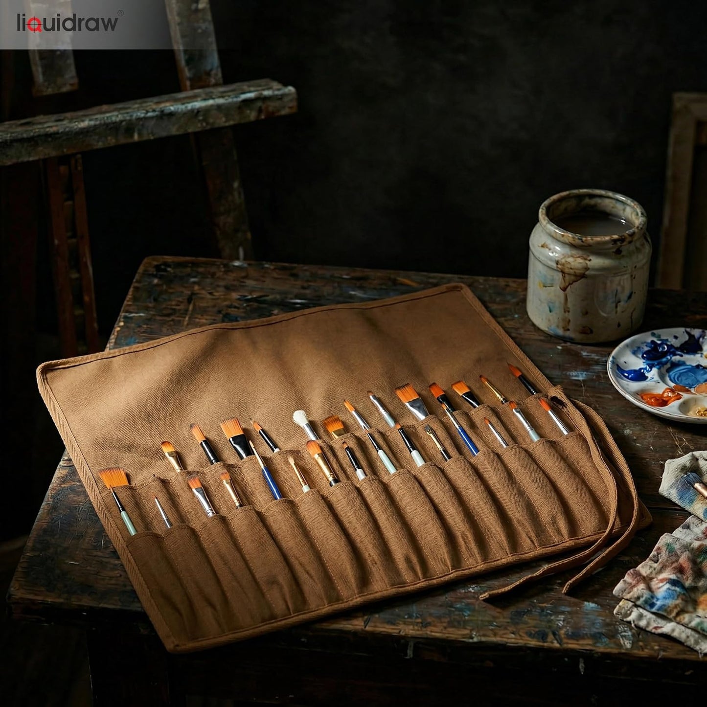 Liquidraw 30 Pocket Canvas Paint Brush Holder - Natural | 21" x 18" | Roll Up Brush Storage Pouch | Ideal Case for Paintbrush & Art Tool Storage | Easy to Carry | Also Great for Storing Makeup Brushes