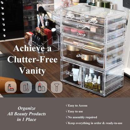 Sea Team Clear Makeup Organizer with Drawers, Acrylic Plastic Cosmetic Display Case, Jewelry Storage Box, Holder for Dresser, Bathroom, Vanity, Countertop (3 Middle Drawers)