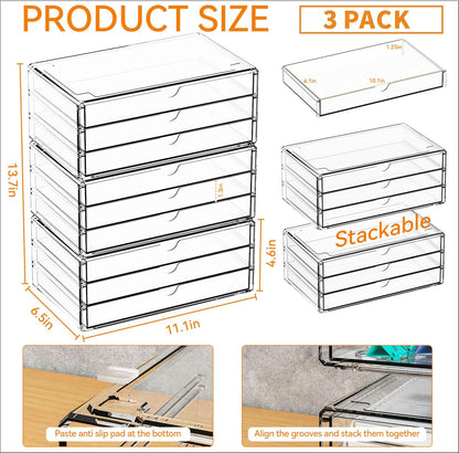 Yieach 9 Pack Small Acrylic Drawers With 18 Drawers,Clear Drawer Organizers Stackable,School,Office Supplies Organizer And Storage Bins for Stationery,Pen,Pencil,Craft,Glasses,Sunglass Organizer Case