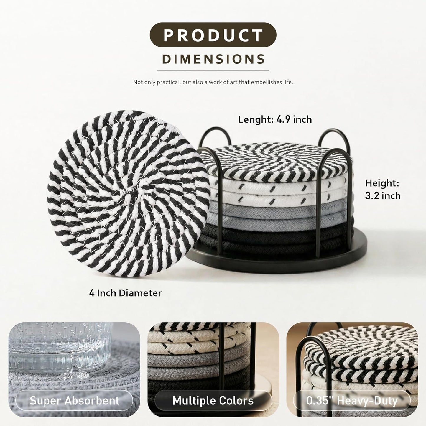 Lazebox Coasters Set of 8 for Drinks, 4 Inch Large Coasters for Coffee Table, Tabletop Protection for Hot & Cold Drinks, Versatile Coasters for Home Decor, Non-Slip & Easy to Clean, Coffee