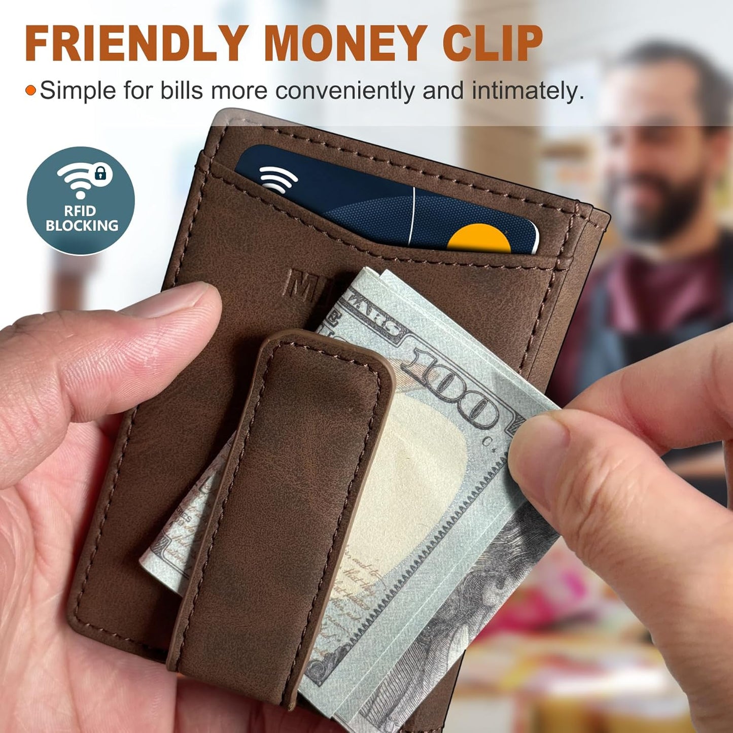 miyozi Airtag Wallet for Men- with Money Clip Gift Boxed, Magnetic Closure Slim Genuine Leather Front Pocket Wallet, 4.1"x 2.8", RFID Blocking