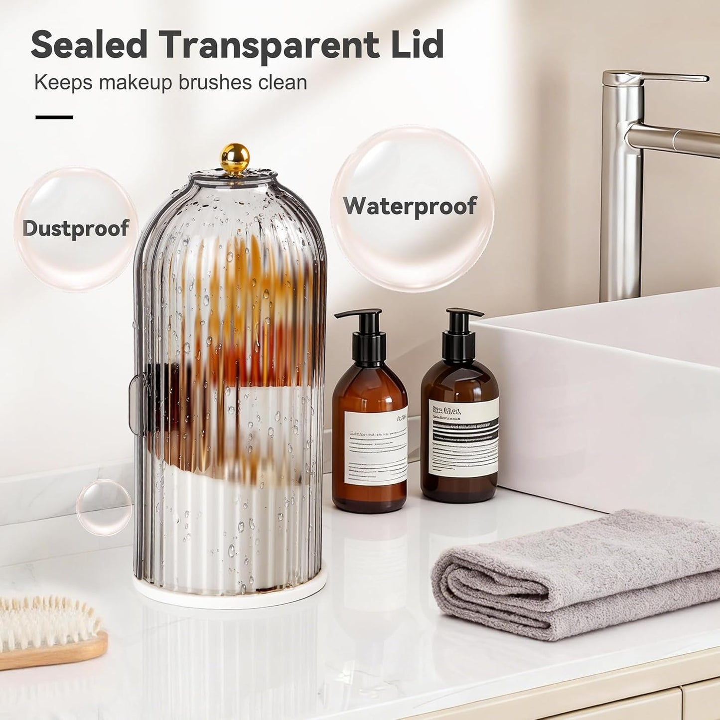 Hvygss 360° Rotating Makeup Brush Holder with Lid, Waterproof Three-Compartment Makeup Organizer, 180° Side-Pull Door Desk Organizer, Dustproof Brush Holder for Vanity and Bathroom (Transparent)