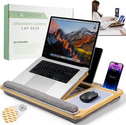 Lap Desk for Laptop – Bed Desk Tray Table with Cushion, 5 Angles, Phone & Tablet Holder, Mouse Pad & Ventilation – Laptop Stand, Lap Table, Couch Desk for 15”-17” Laptops (Black)