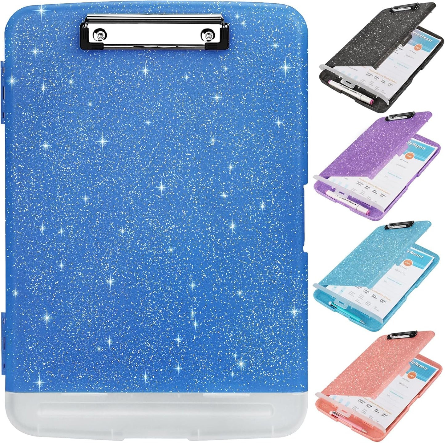 Glitter Clipboard with Storage,Storage Clipboard with Pen Holder,A4 Binder Clip Boards 8.5x11 with Low Profile Clip,Side Opening Sparkle Clipboards, Clipboards Folder for Office Supplies-Starry Black