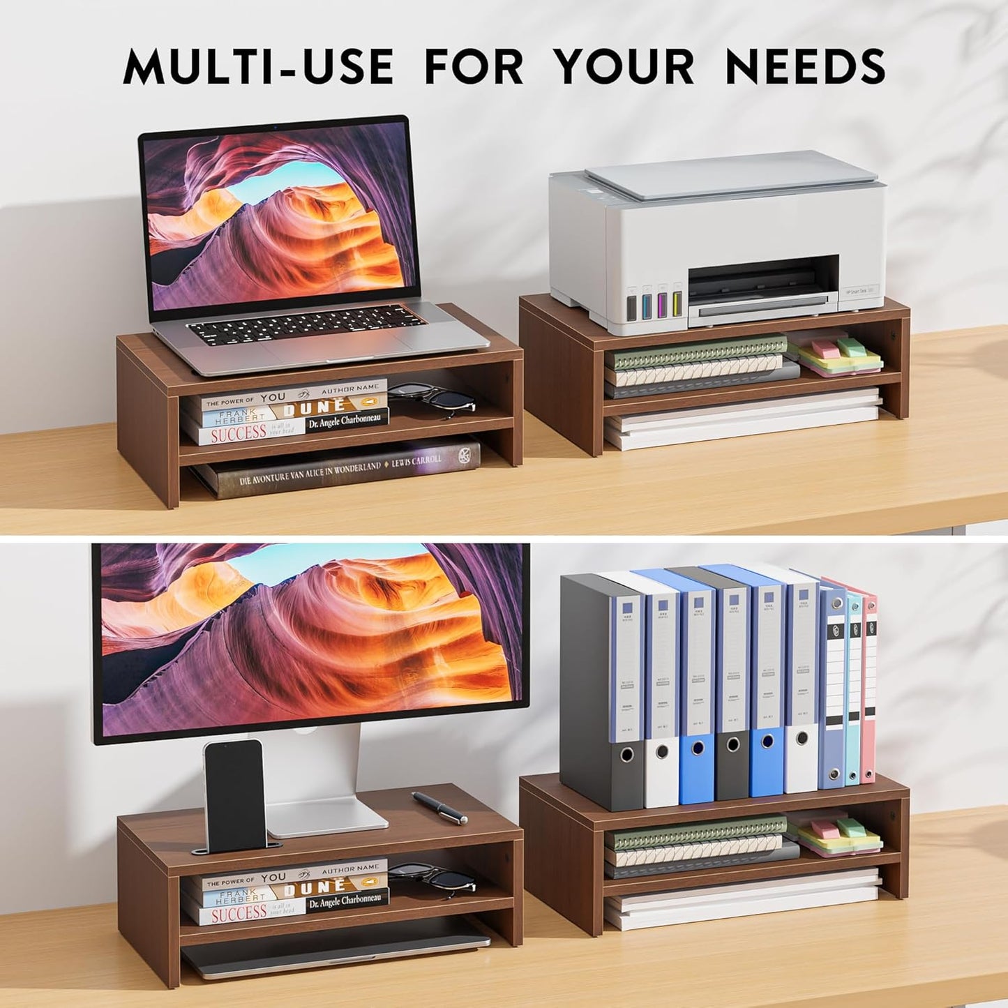 BONTEC Wooden Monitor Stand Riser for Desk, 2-Tier Computer Monitor Stand with Storage, 66 lbs Desk Shelf Organizer, Laptop & Printer Stand with Phone Holder and Cable Management, White, 16.5 Inch