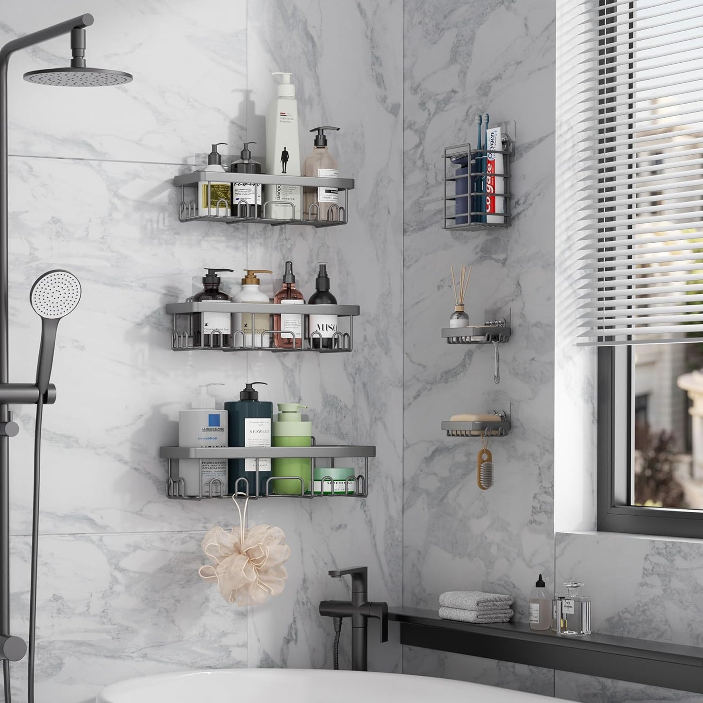 Veken Shower Caddy 6-Pack, Advanced Rustproof Design, No Drilling Adhesive Shelves, Rack with Soap Holder, Large Capacity Bathroom Organizers and Storage, Wall-Mounted Kitchen & Home Decor