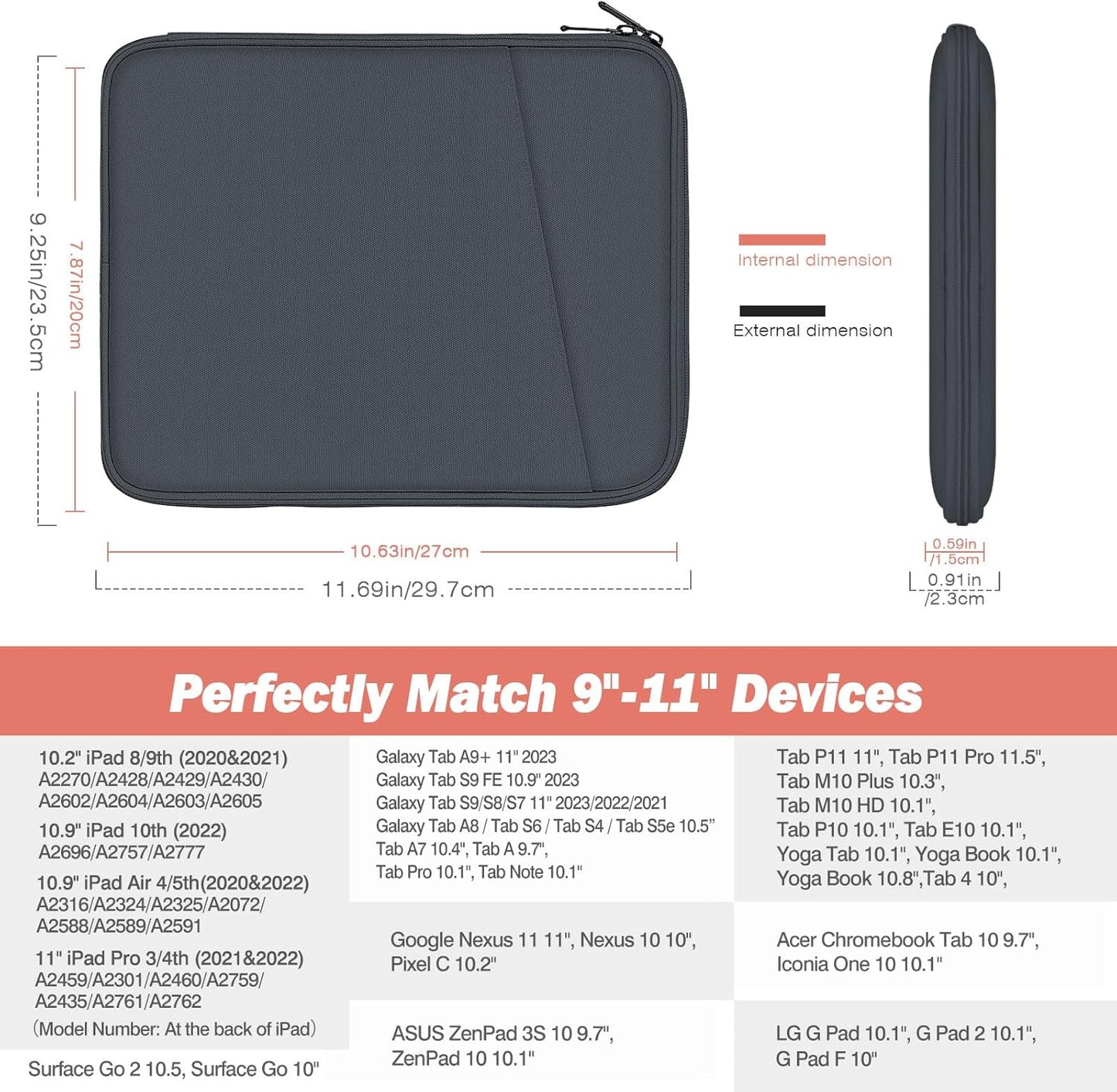 MoKo 9-11 Inch Tablet Sleeve Case, Fits New 11inch iPad Air M4/Pro M5, iPad A16 11", i-Pad 10/9/8/7th/Air 5/4th 10.9"/10.2", Tab S9/S8 11", Protective Bag Carrying Case with Pocket, Dark Gray