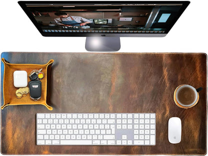 Leather Desk Mat Desk Pad - Full Grain (32x16) Leather Desk Cover Blotter & Protector - Large Computer Keyboard Gaming Table Mat - Desktop Accessories Mouse Pad for Laptop, Office & Home