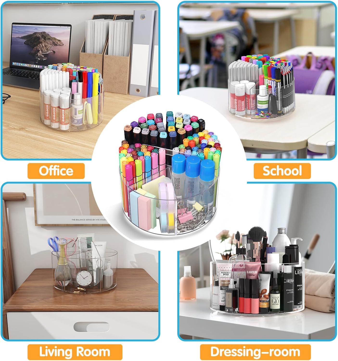 Mefirt Acrylic Pen Holder, 360 Degree Rotating Pen Organizer, Rotating Desk Acrylic Office Organizer with 6 Compartments, Marker Organizer for Kid, Crayon Caddy School Art Supply Storage Organizer