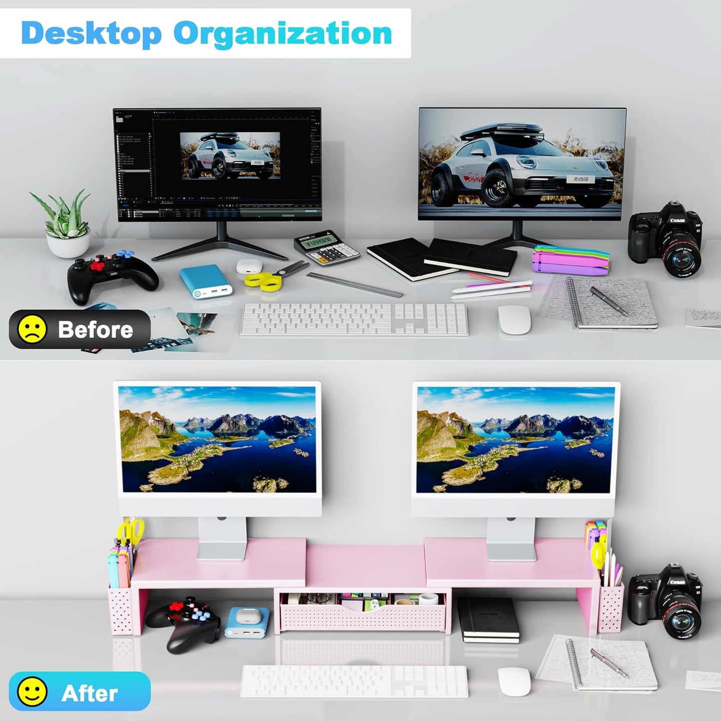 Spacrea Metal Desk Organizers and Accessories, Dual Monitor Stand Riser with Drawer and 2 Pen Holders, Desk Accessories & Workspace Desktop Organizers for Office Supplies (Wood)