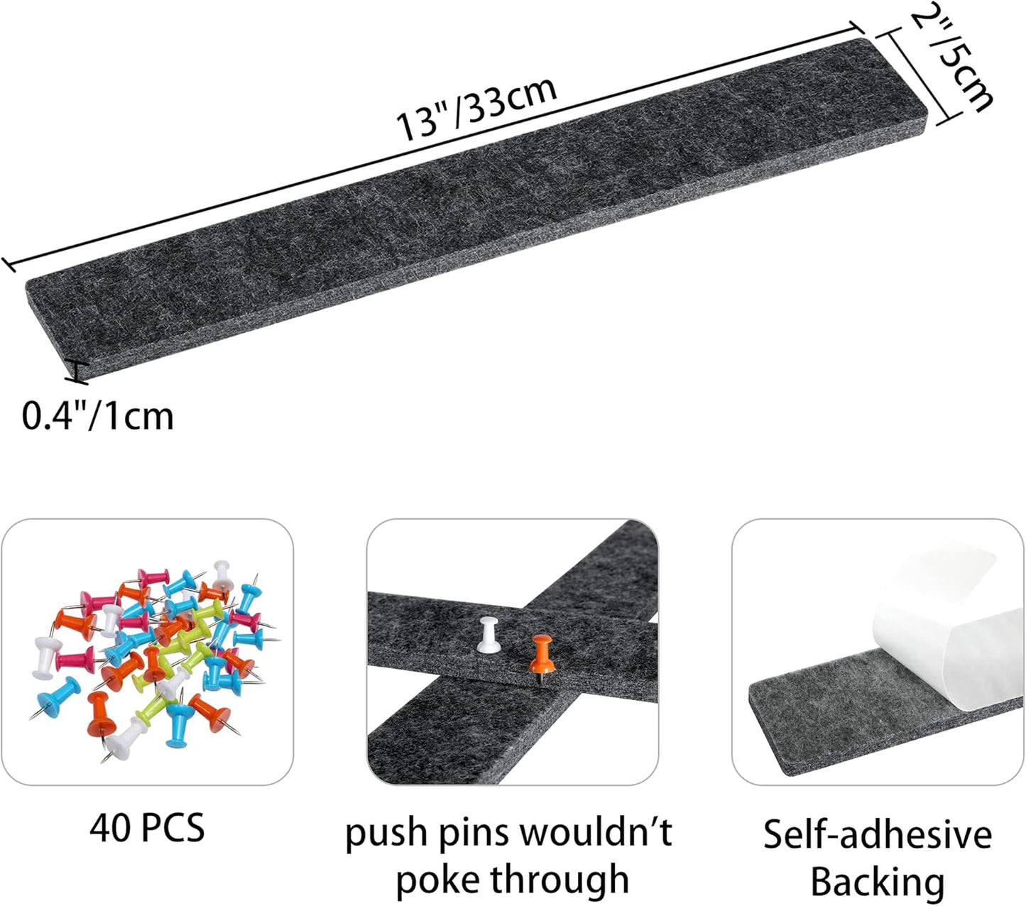 Cork Board for Walls - 8 Pack Felt Pin Board Bar Strips - Self-Adhesive Lightweight Bulletin Board - Cork Board for Office with 40 Push Pins No Damage for Wall