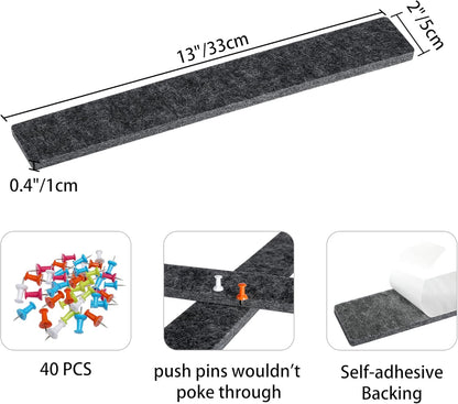 Cork Board for Walls - 8 Pack Felt Pin Board Bar Strips - Self-Adhesive Lightweight Bulletin Board - Cork Board for Office with 40 Push Pins No Damage for Wall
