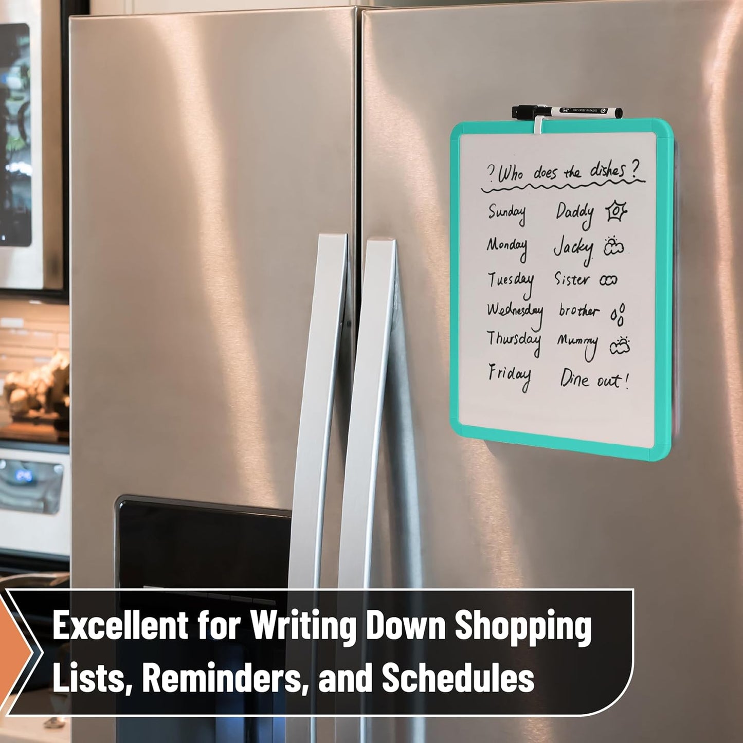 Mr. Pen- Dry Erase Board, 14” x 11” with a Black Dry Erase Marker, White Frame, Small Mini White Board for Students, Fridge, Wall, Locker, Includes Double Sided Tapes