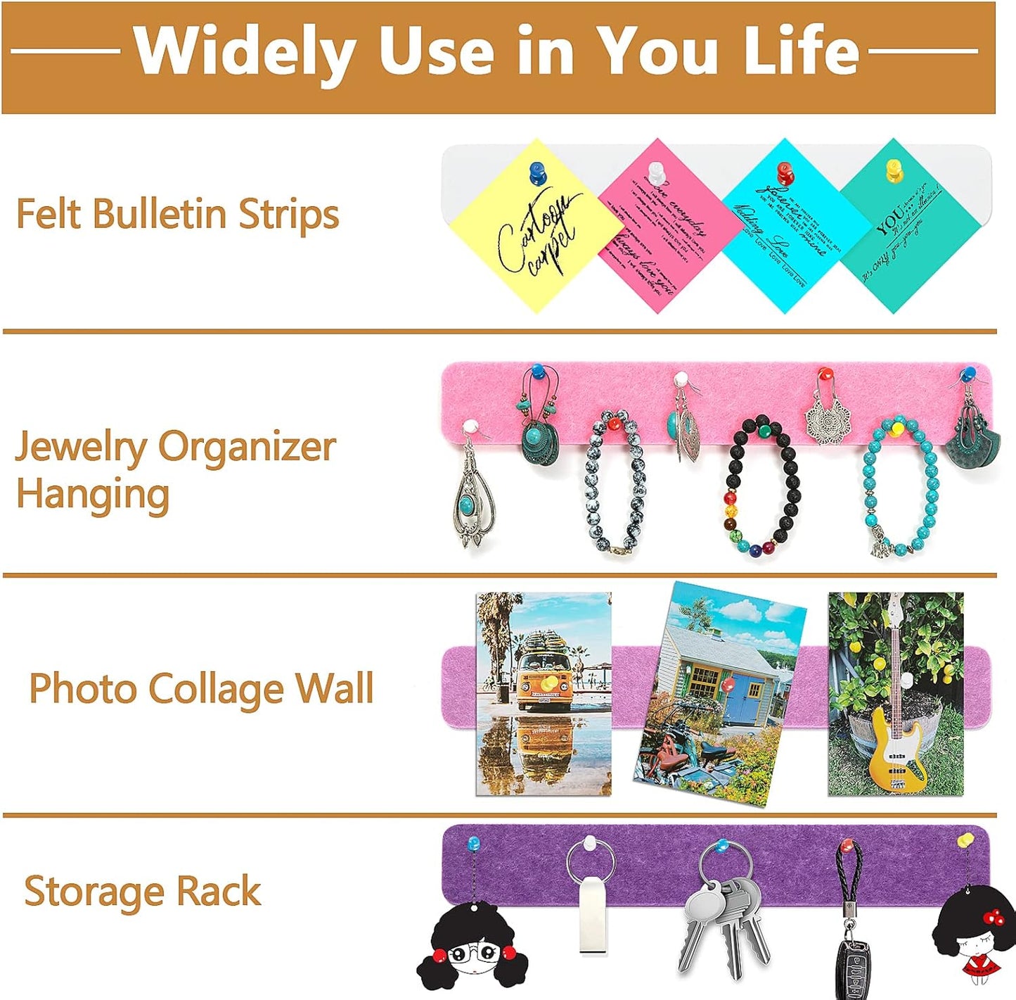 Felt Pin Board Bar Strips Bulletin Board for Bedrooms Offices Home Wall Decoration, Notice Board Self Adhesive Cork Board with 35 Push Pins for Paste Notes, Photos, Schedules