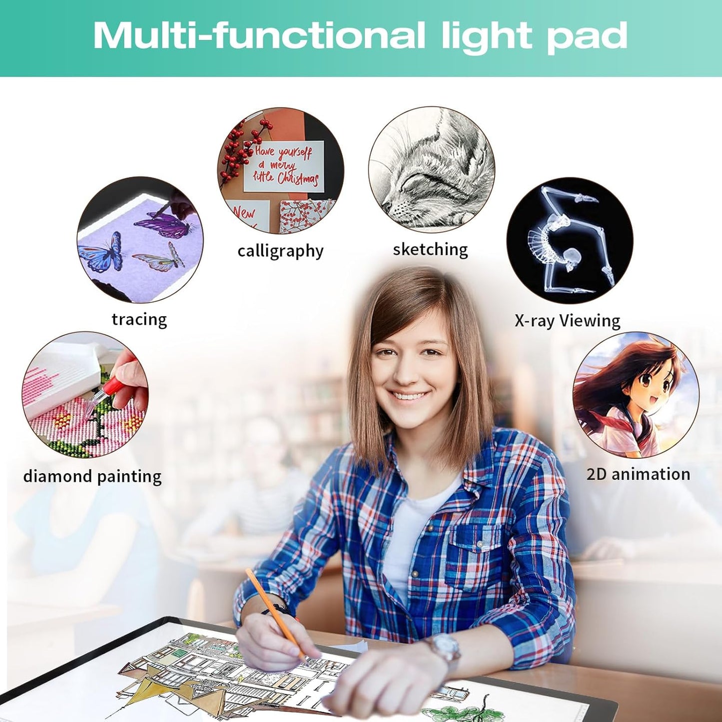 Rechargeable A4 Light Pad - Stepless Dimmable 6 Levels Brightness Tracing Light Box, Diamond Painting Light Board with Top Clip, Battery Powered Portable Light Pad for Weeding Vinyl Tracing