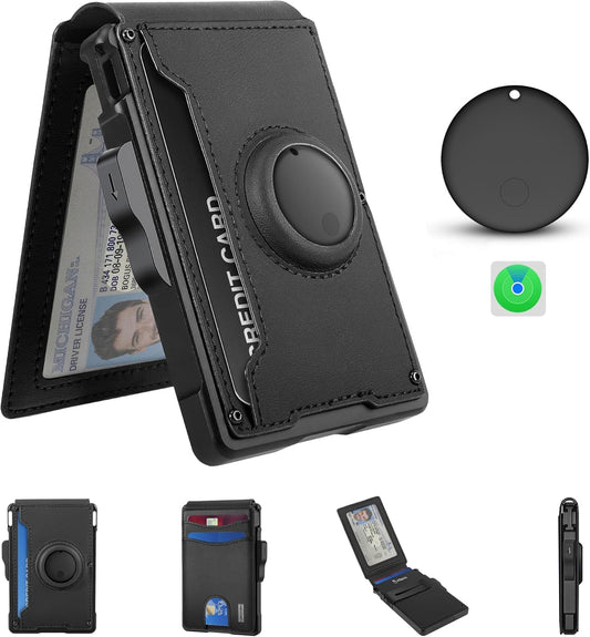 umoven AirTag Wallet for Men - with Pop Up Aluminum Case Money Clip Slim Leather Slots Credit Card Holder RFID Blocking Bifold Minimalist Wallet with Gift Box (Carbon Fiber)