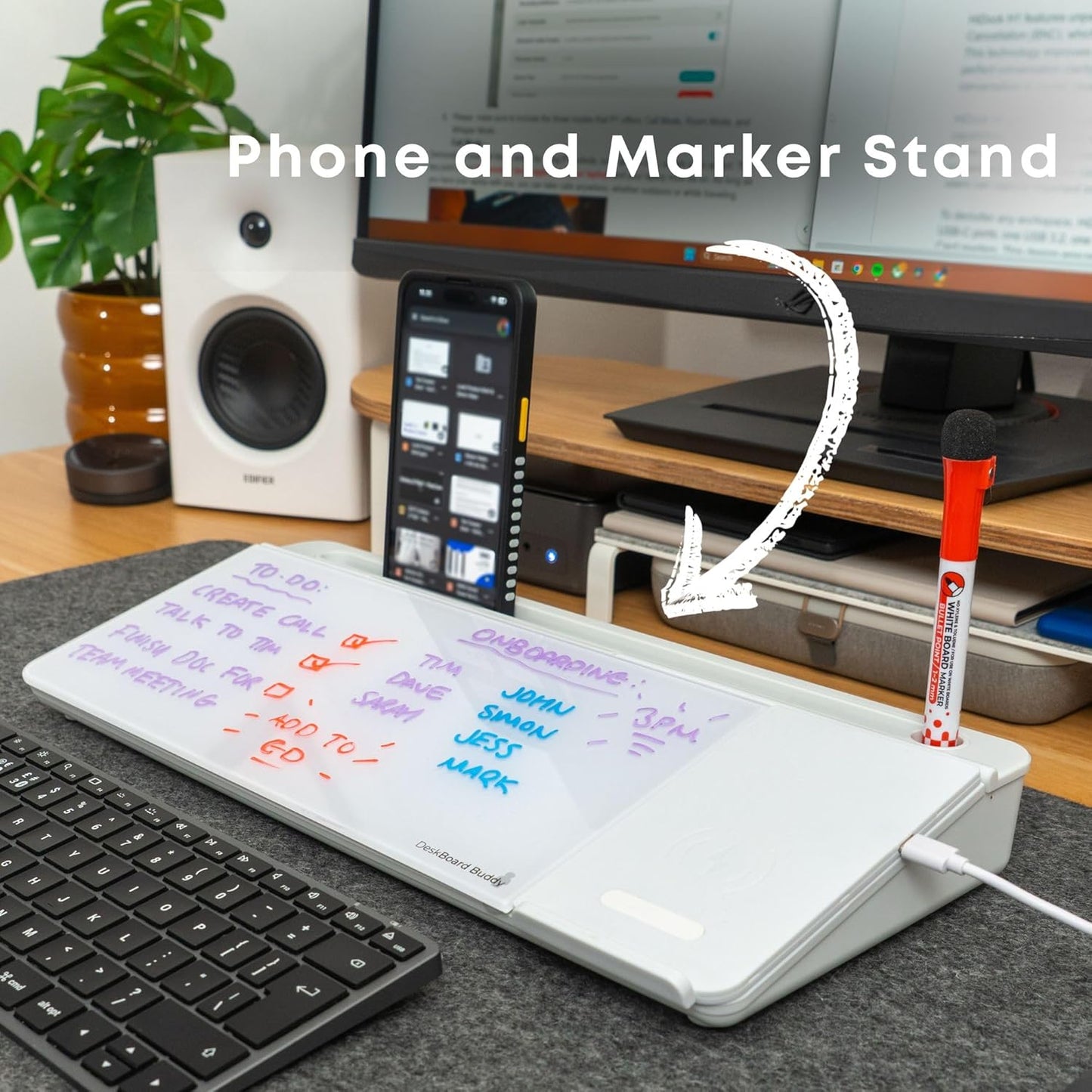 DeskBoard Buddy Desktop Whiteboard + 2 Markers (White with Wireless Charger)